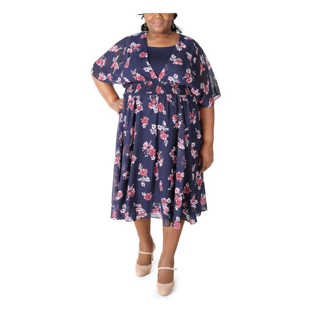 ROBBIE BEE Womens Navy Elbow Sleeve Midi Party Fit + Flare Dress Plus S